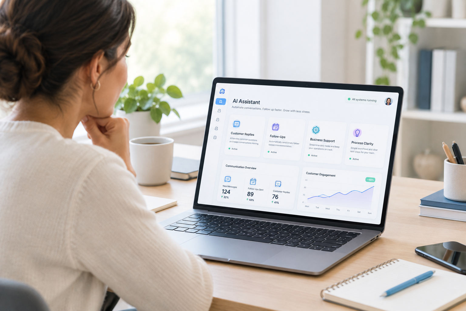 Calm small business workspace with laptop analytics dashboard and AI-assisted task flow cards