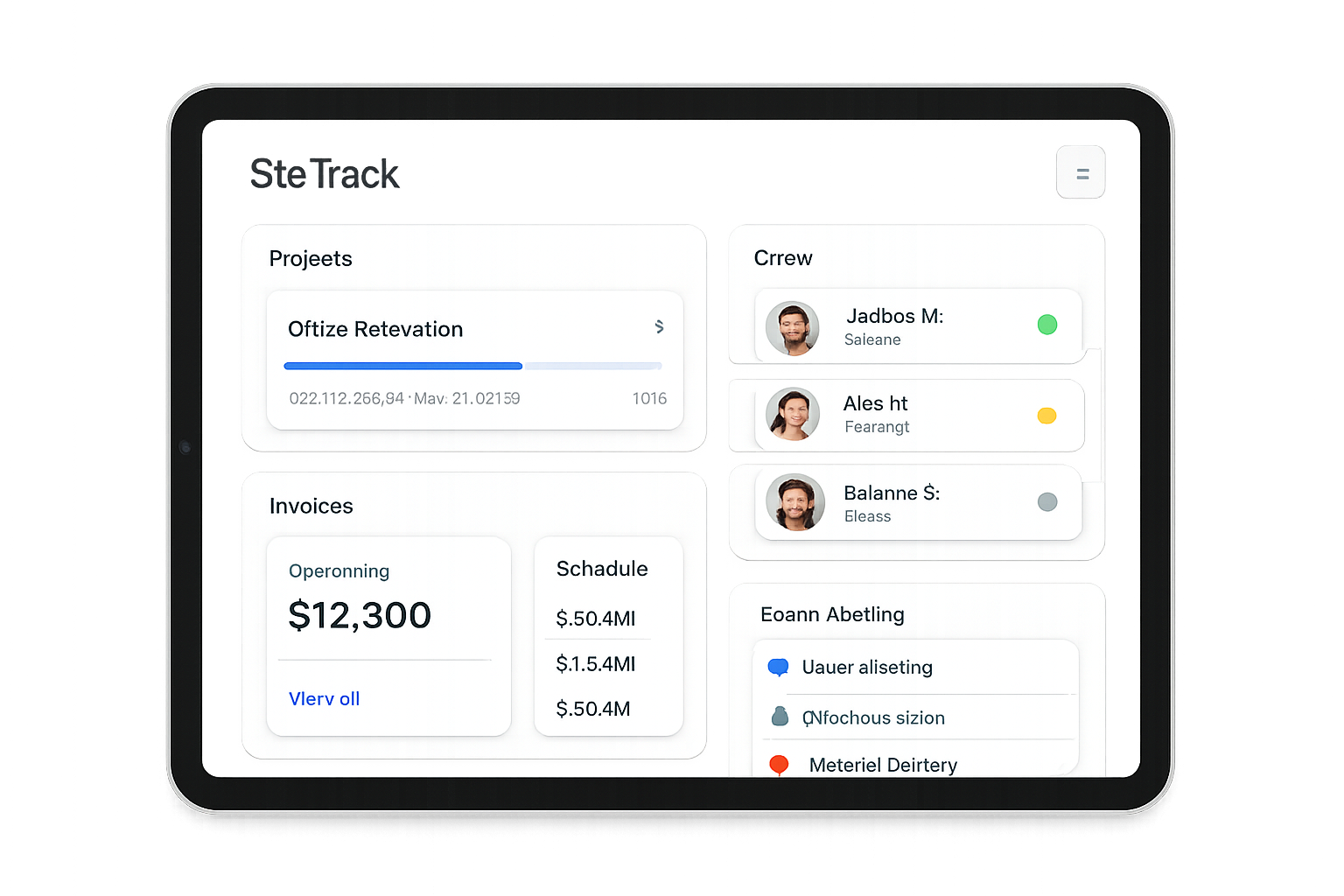 Tablet-style dashboard showing SiteTrack project timelines, crew status, invoices, and schedule cards in a sleek mobile SaaS interface