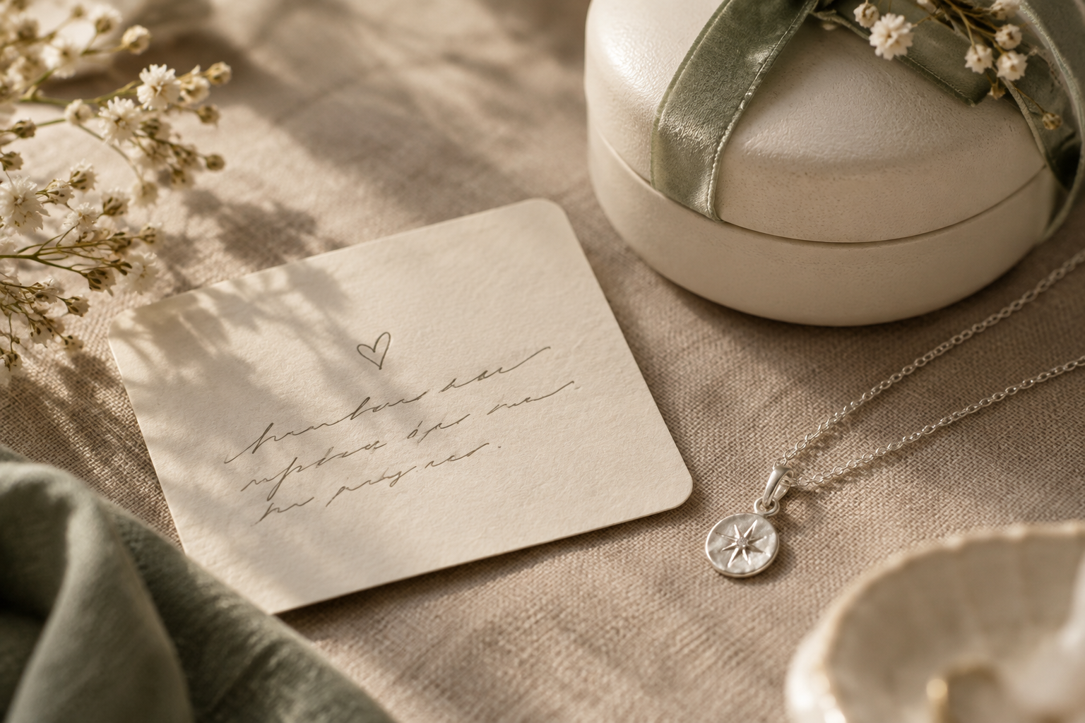 Handwritten gift note resting beside a SilverLoom jewelry box and silver necklace