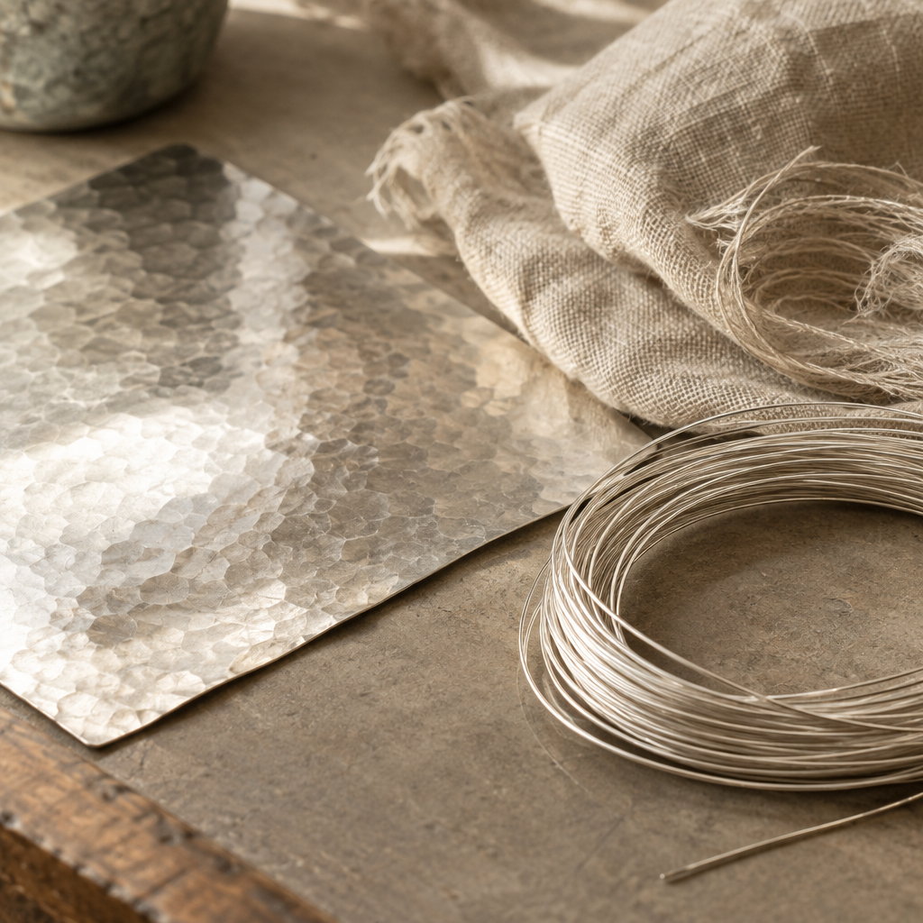 Tactile silversmithing materials with a softly hammered silver surface