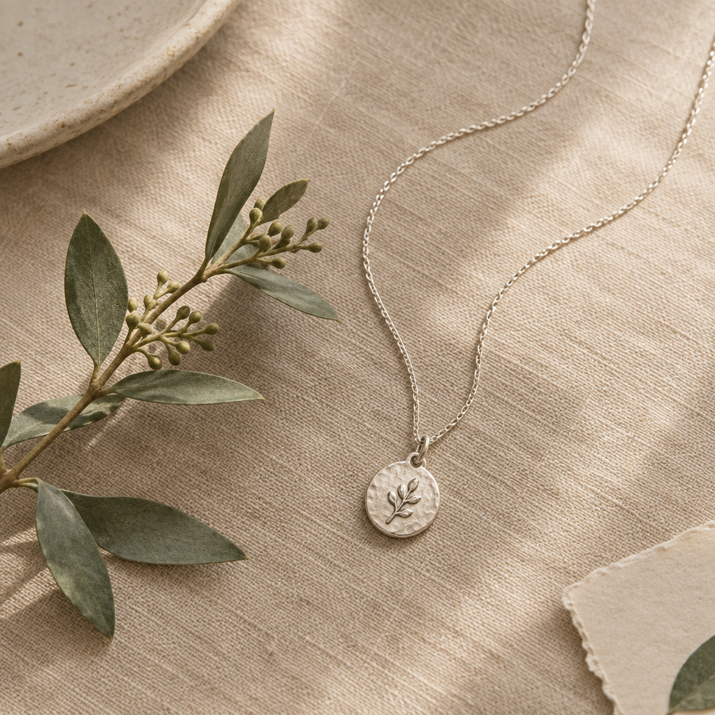 Fine handmade silver necklace arranged on warm natural linen
