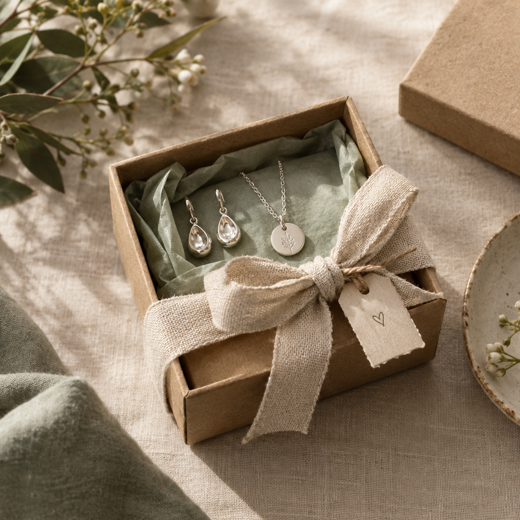 Gift-ready silver jewelry box with a linen ribbon and handwritten tag
