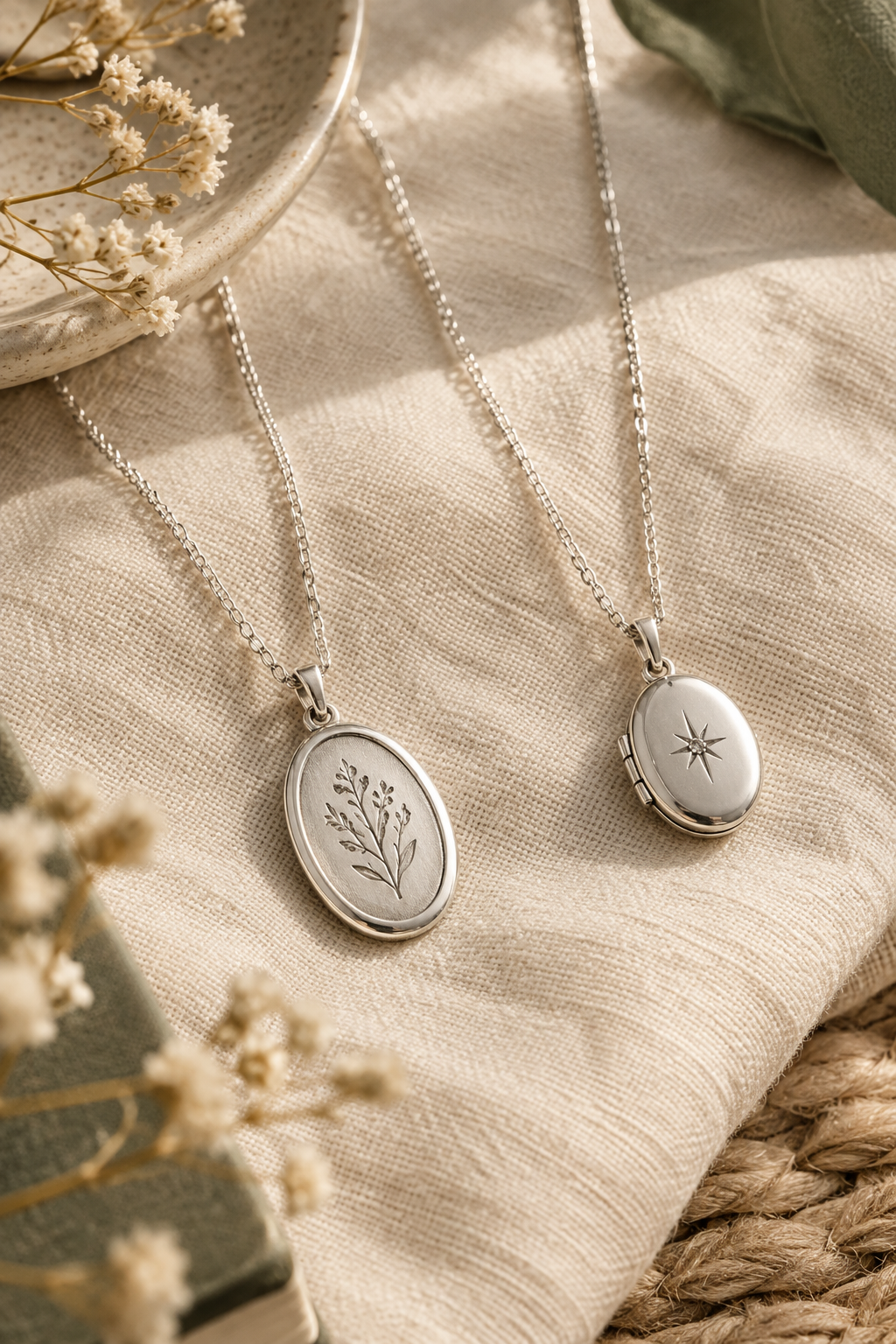 Sterling silver oval pendant necklace on natural linen