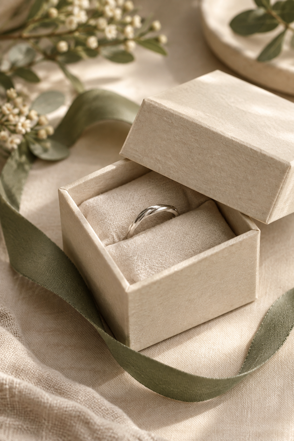 Close detail of a soft neutral SilverLoom jewelry box with a handmade silver piece inside