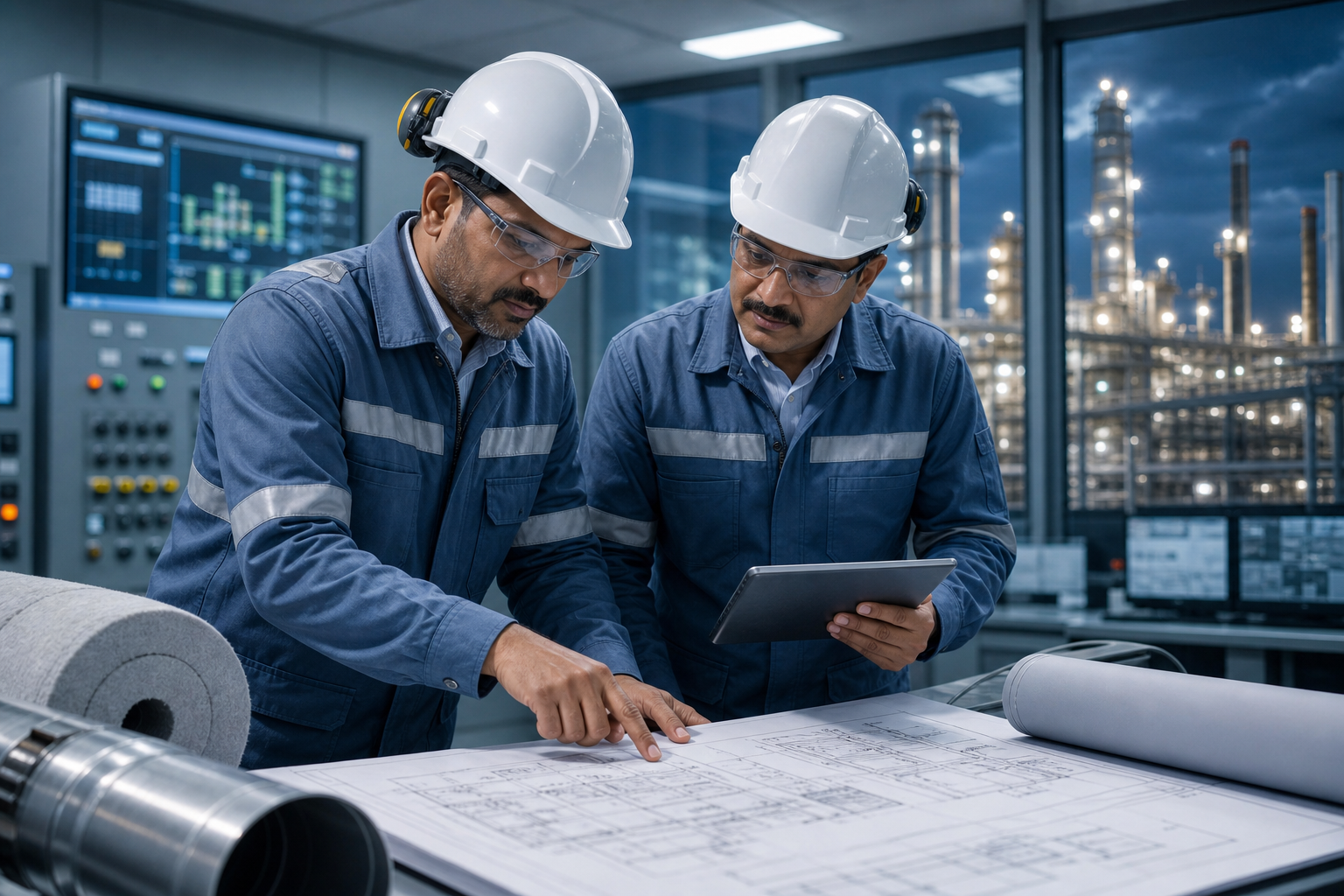 Senior industrial engineers reviewing insulation drawings at a modern refinery control room