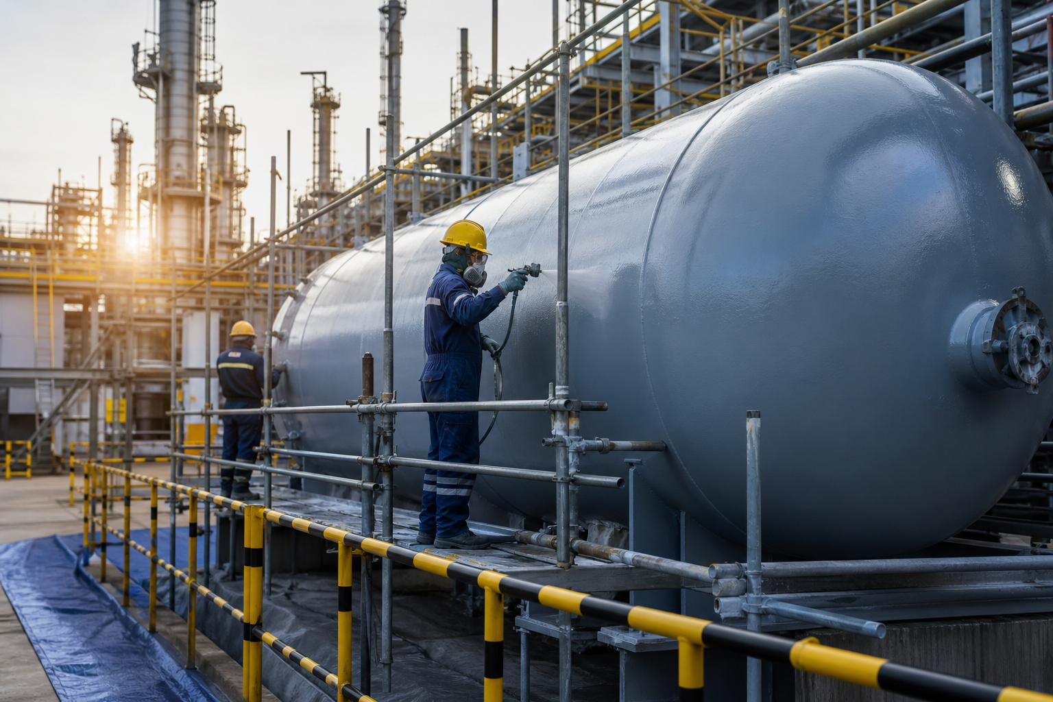 Protective coating application on large industrial vessel with scaffolding and safety barriers