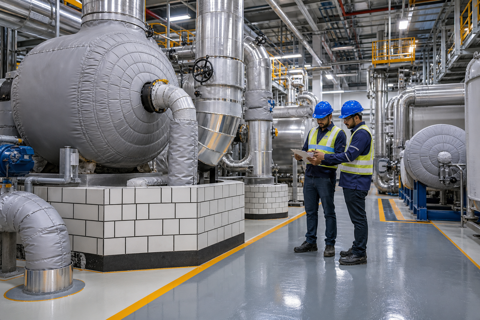 Wide-angle industrial plant interior with insulated piping, refractory-lined equipment, and engineers in safety helmets inspecting work quality