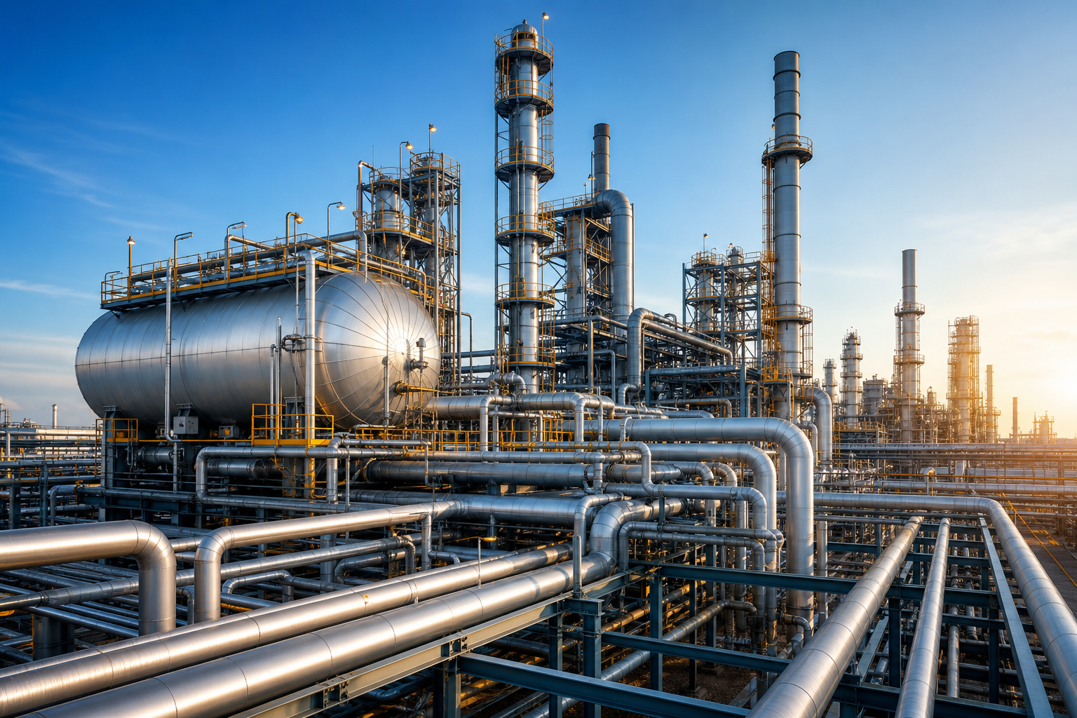 A high-resolution industrial refinery scene with steel pipelines, insulated vessels, and tower structures under crisp daylight, conveying technical precision and safety