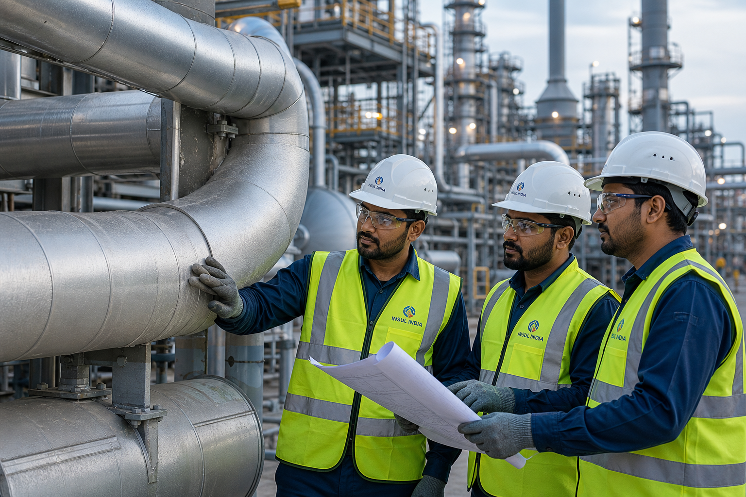 INSUL INDIA engineers in safety gear reviewing industrial insulation work at a large plant