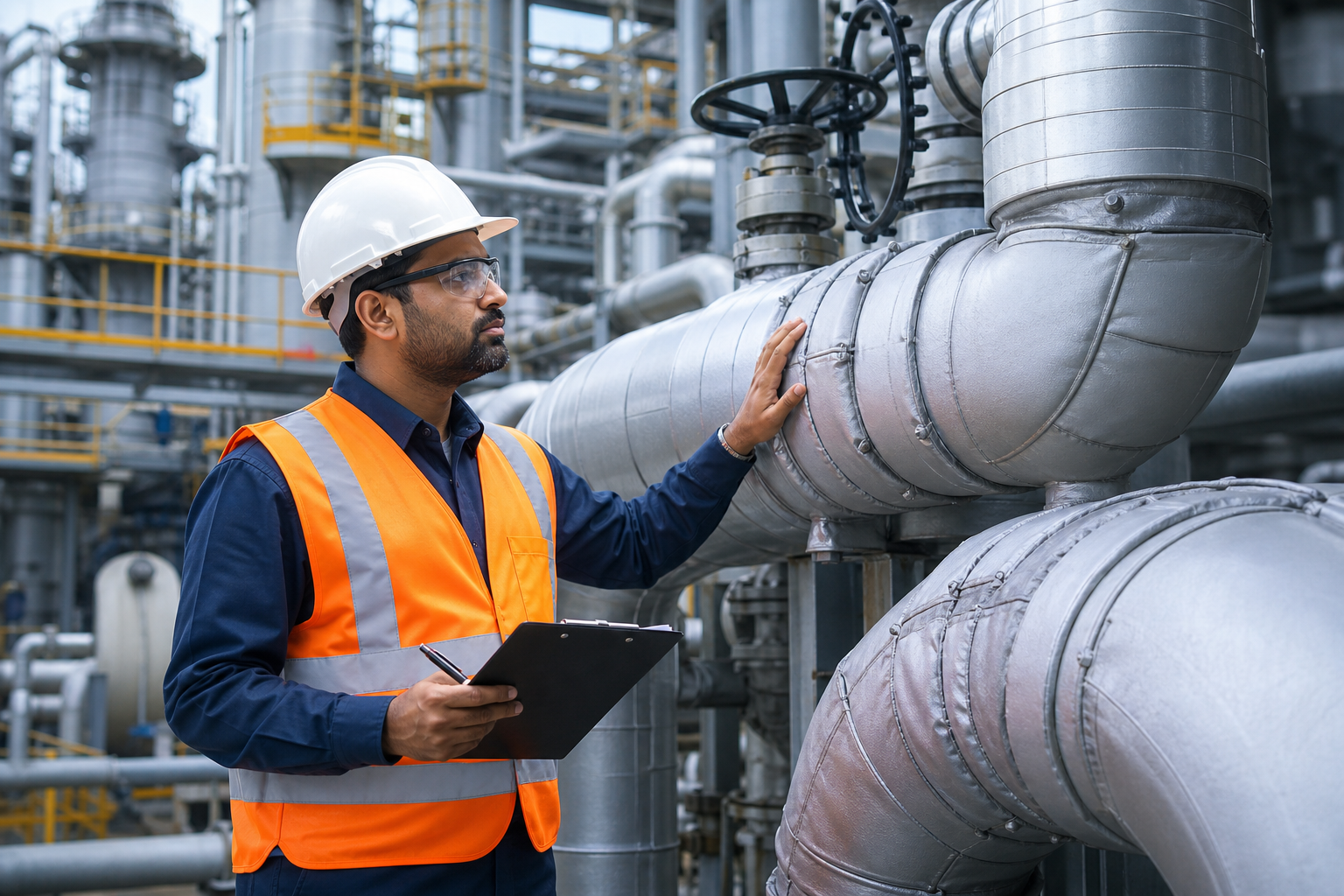 Senior insulation engineer reviewing thermal insulation lagging on refinery piping with clipboard