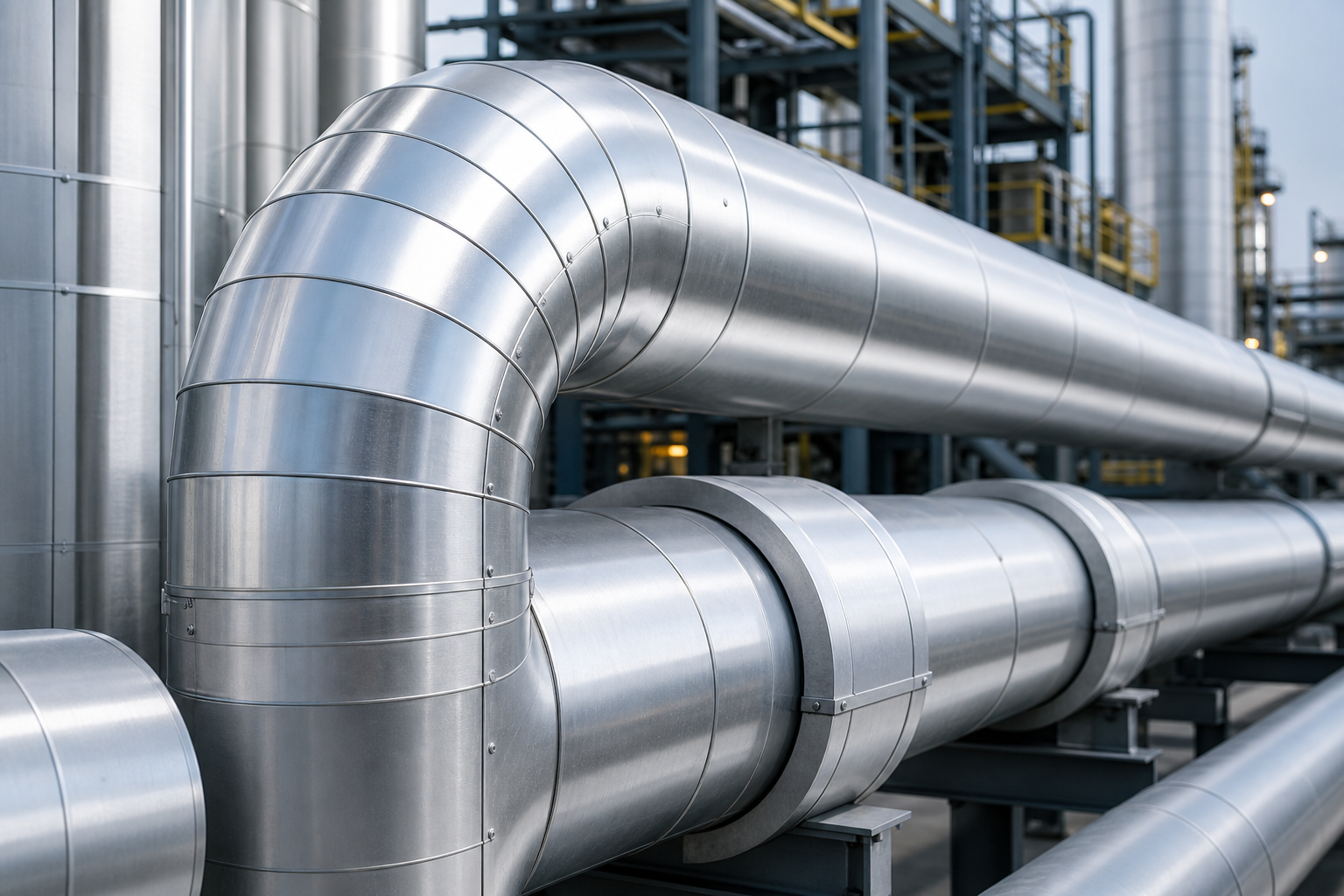 Close view of insulated pipelines and cladding panels with clean metallic finishes