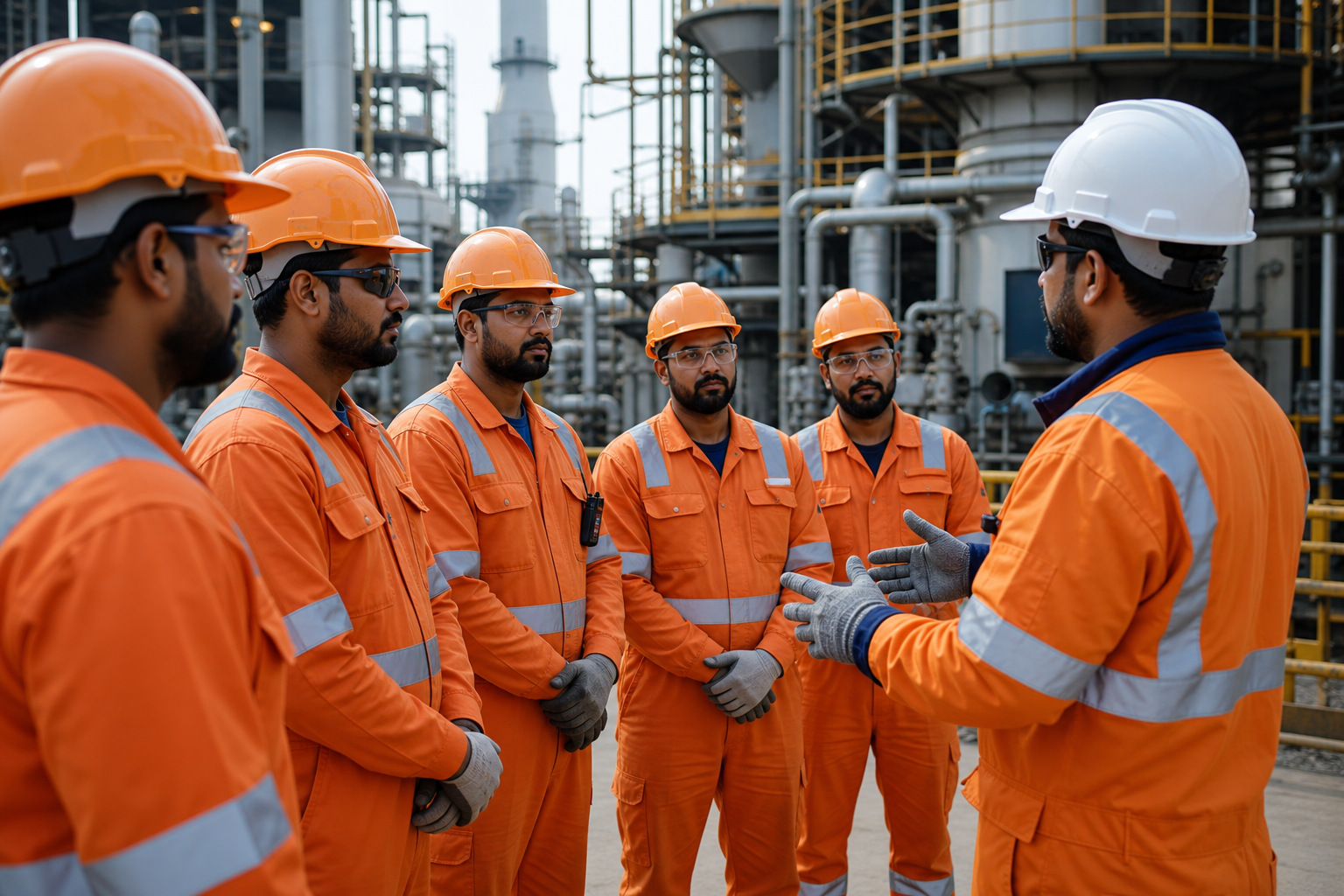Safety briefing on an industrial site with crew wearing orange PPE and hard hats
