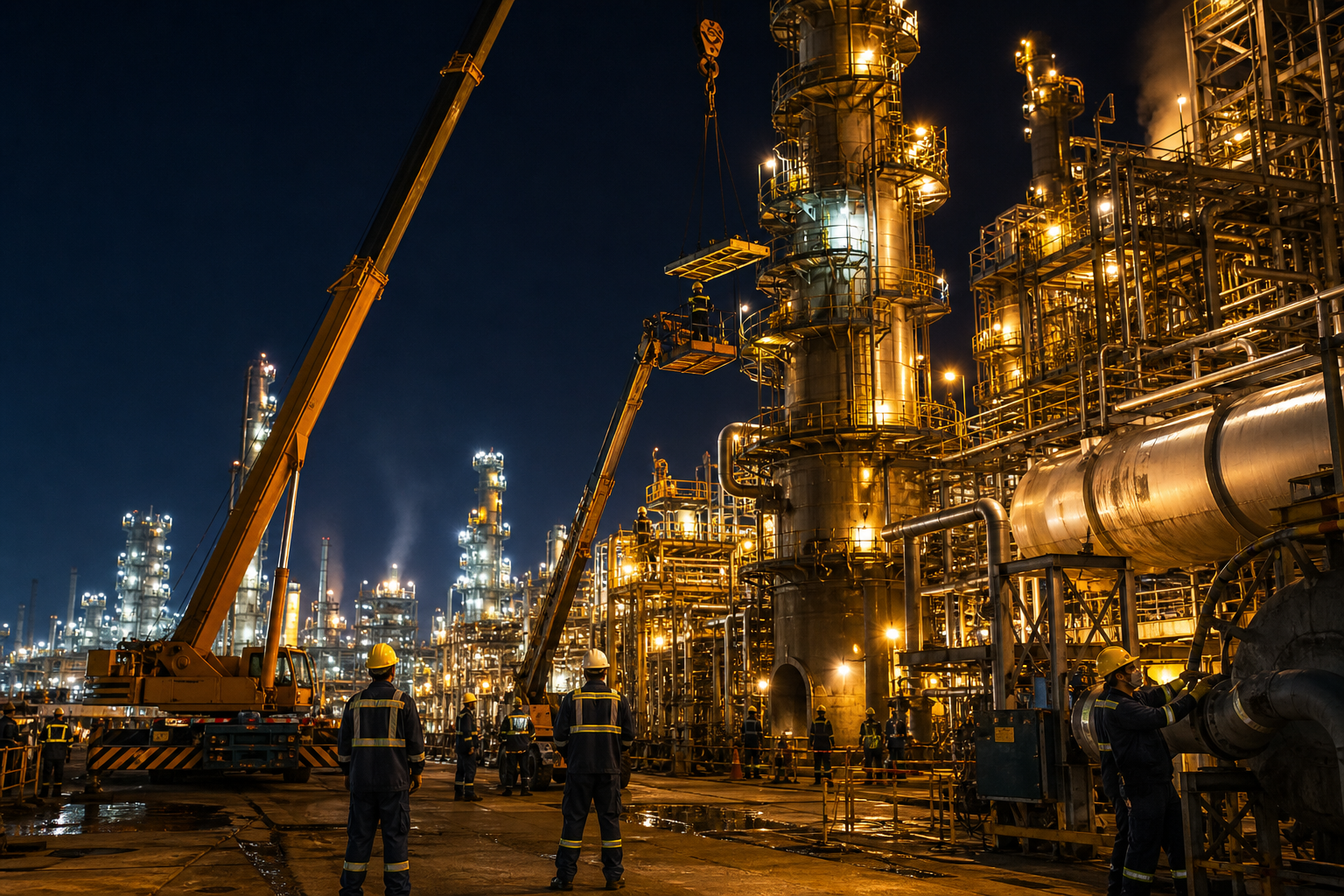 Night shift shutdown maintenance with cranes and crew working around refinery structures