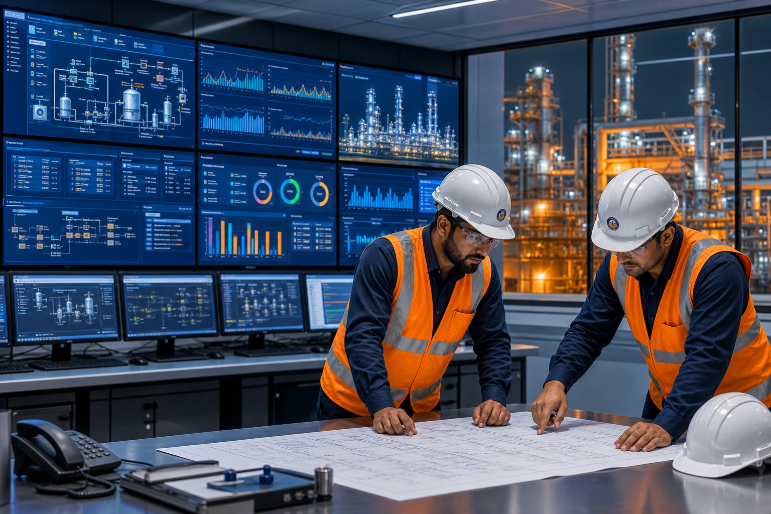 Industrial control room with engineers planning shutdown maintenance on large screens