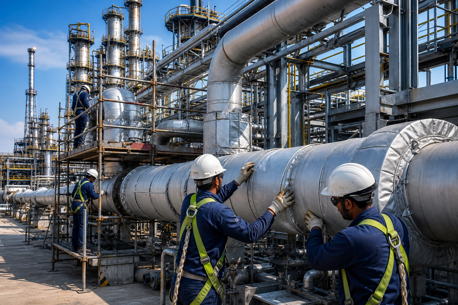 Active industrial site execution with workers installing insulation on tall piping racks at a refinery