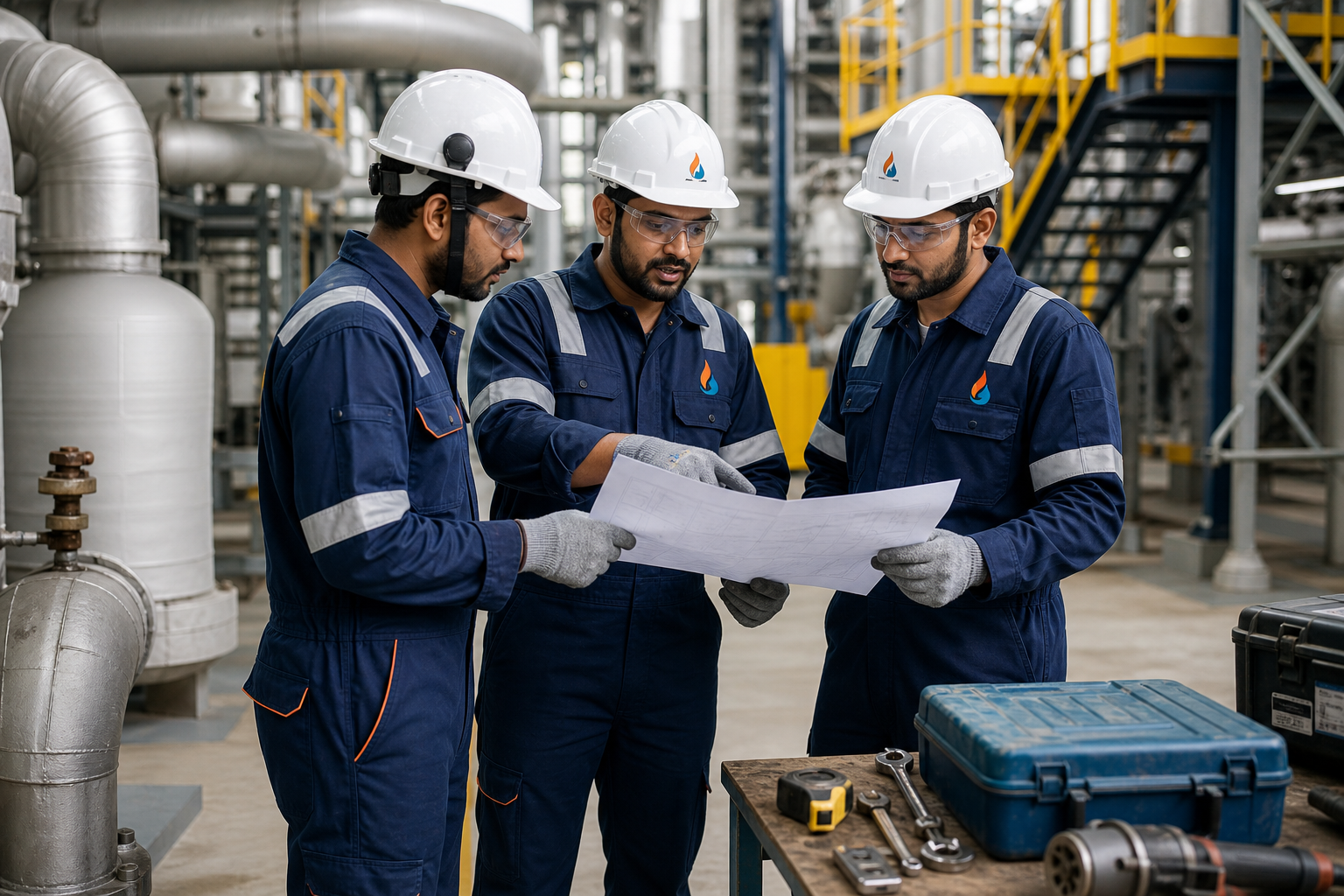 INSUL INDIA crew in safety gear coordinating on a plant floor with tools and inspection plans