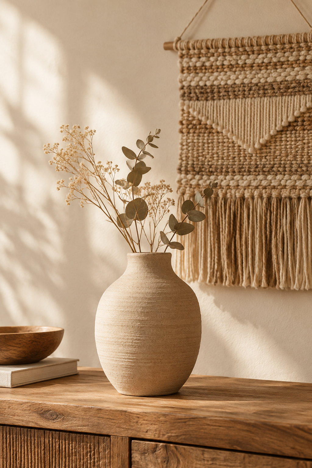 Softly styled handmade decor vignette with a textured ceramic vase, woven wall detail, and warm natural light on a wooden surface