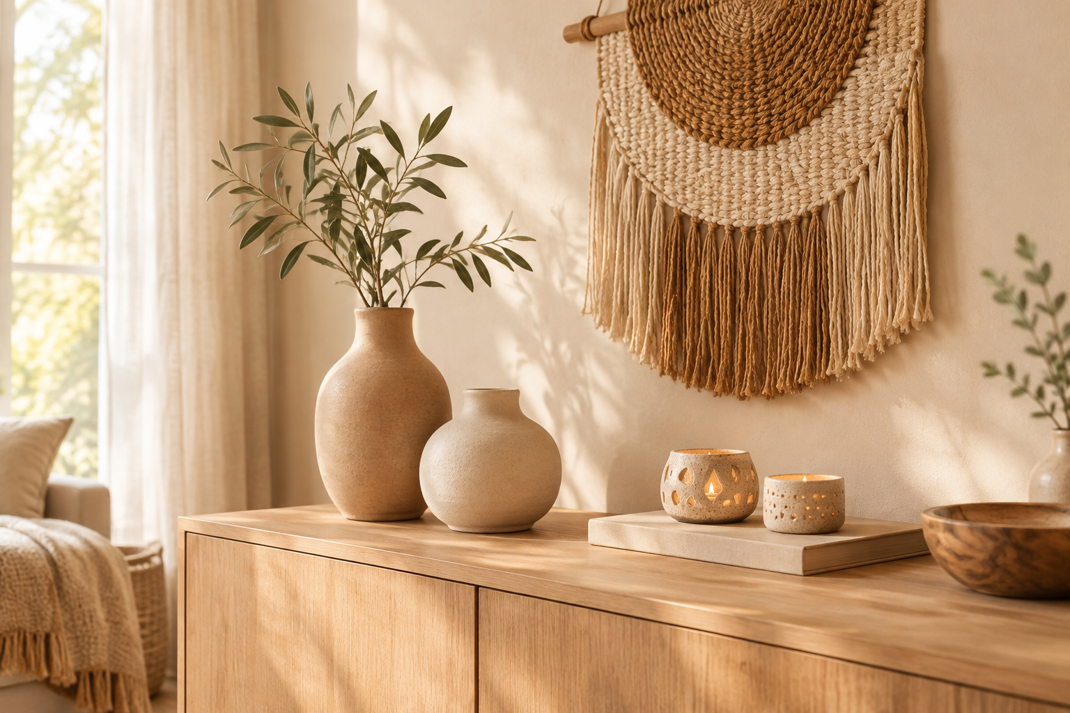 Styled arrangement of handmade ceramic vases, woven wall decor, and candle holders in a warm natural interior