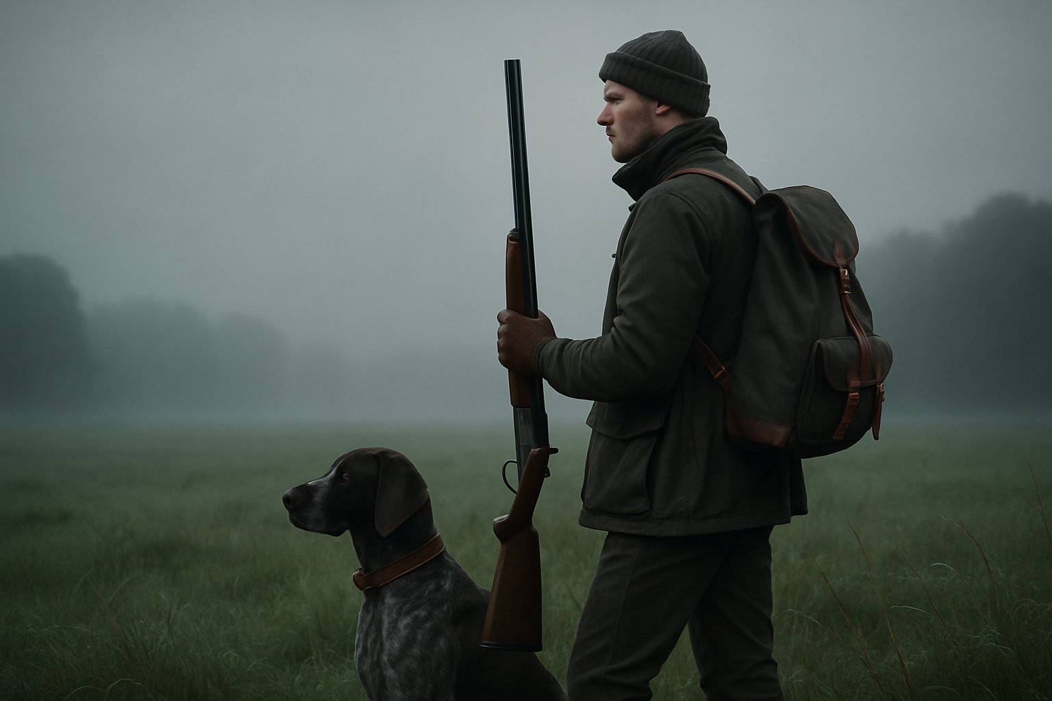 Cinematic Scandinavian hunting scene in a misty early morning field, a hunter stands with an alert dog at his side, both with premium leather accessories, overcast sky, large negative space, muted cool tones, natural textures, luxury and authentic atmosphere
