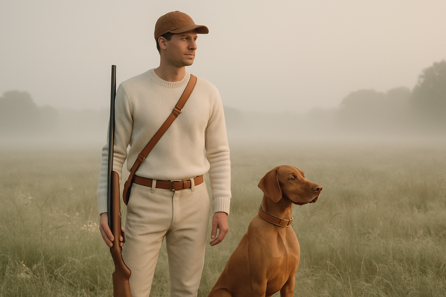 Soft Scandinavian meadow at early morning with gentle mist, a calm hunter beside a companion dog, both wearing refined leather accessories, muted stone-grey and warm tan palette, airy natural light and understated elegance