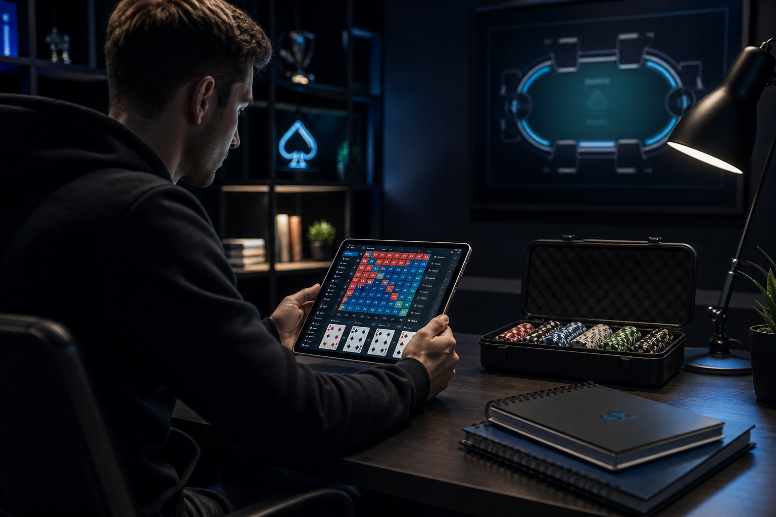 Focused poker player reviewing strategy charts on a sleek tablet beside a stack of notebooks in a modern, low-lit training room