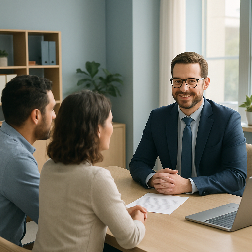 Advisor meeting with clients, friendly and confident, calm blue and cream palette, professional office setting, soft daylight