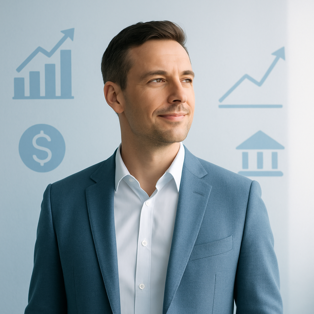 Confident investor looking into the distance, hopeful and secure, subtle finance motifs, soft blue tones, clean minimalist style, bright natural light