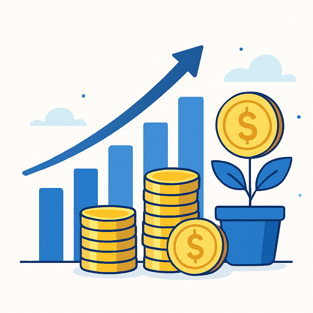 Visual representation of growing investment portfolio, upward charts and coins, blue and gold accent colors, modern flat illustration, optimistic atmosphere
