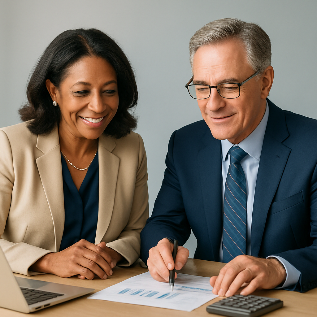 Experienced finance professionals consulting together, professional and reassuring mood, navy and soft gold tones, clean studio photography, airy natural lighting