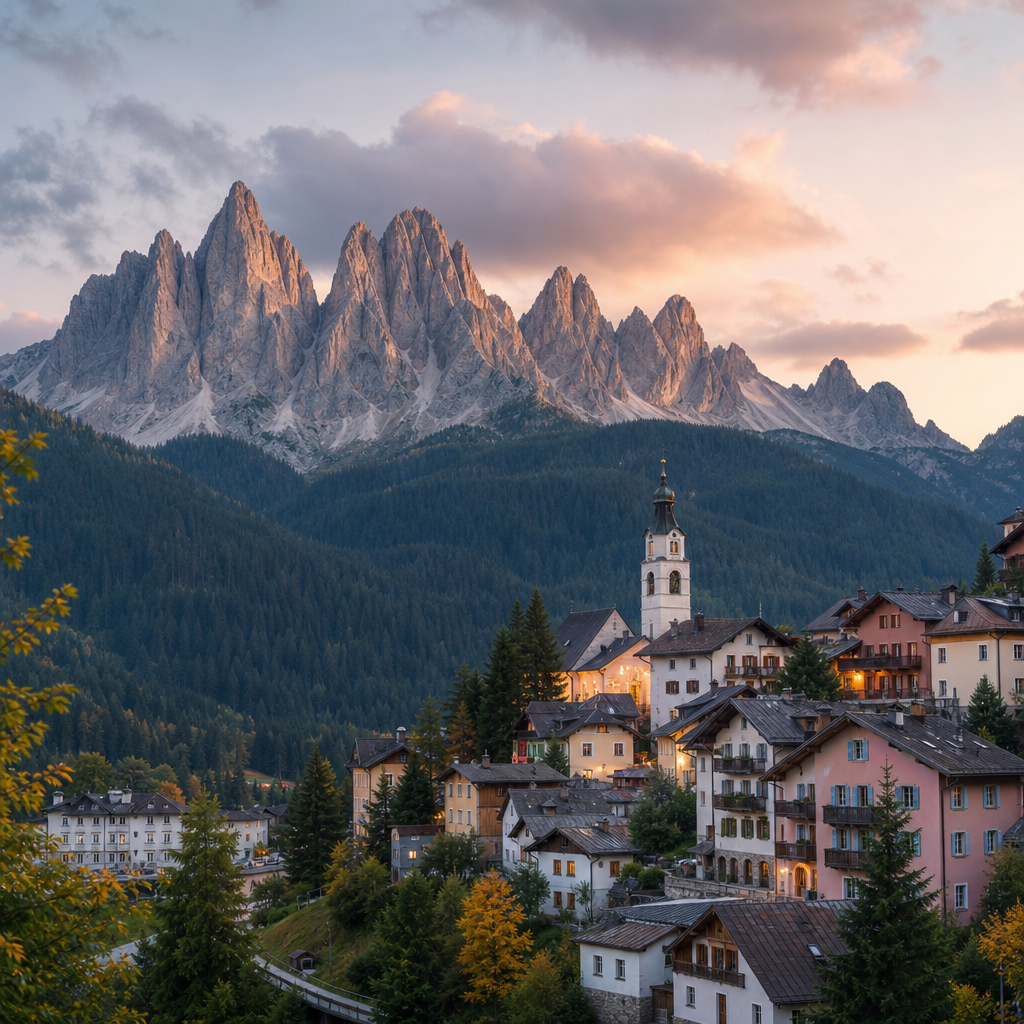Pastel-colored Dolomites village nestled among dramatic rock spires in soft evening light