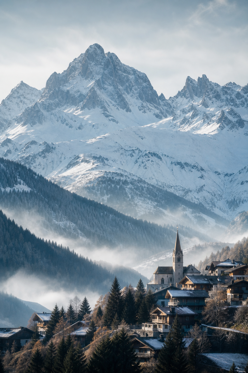 Snow-capped Alpine peaks overlooking a quiet alpine village with pine forests