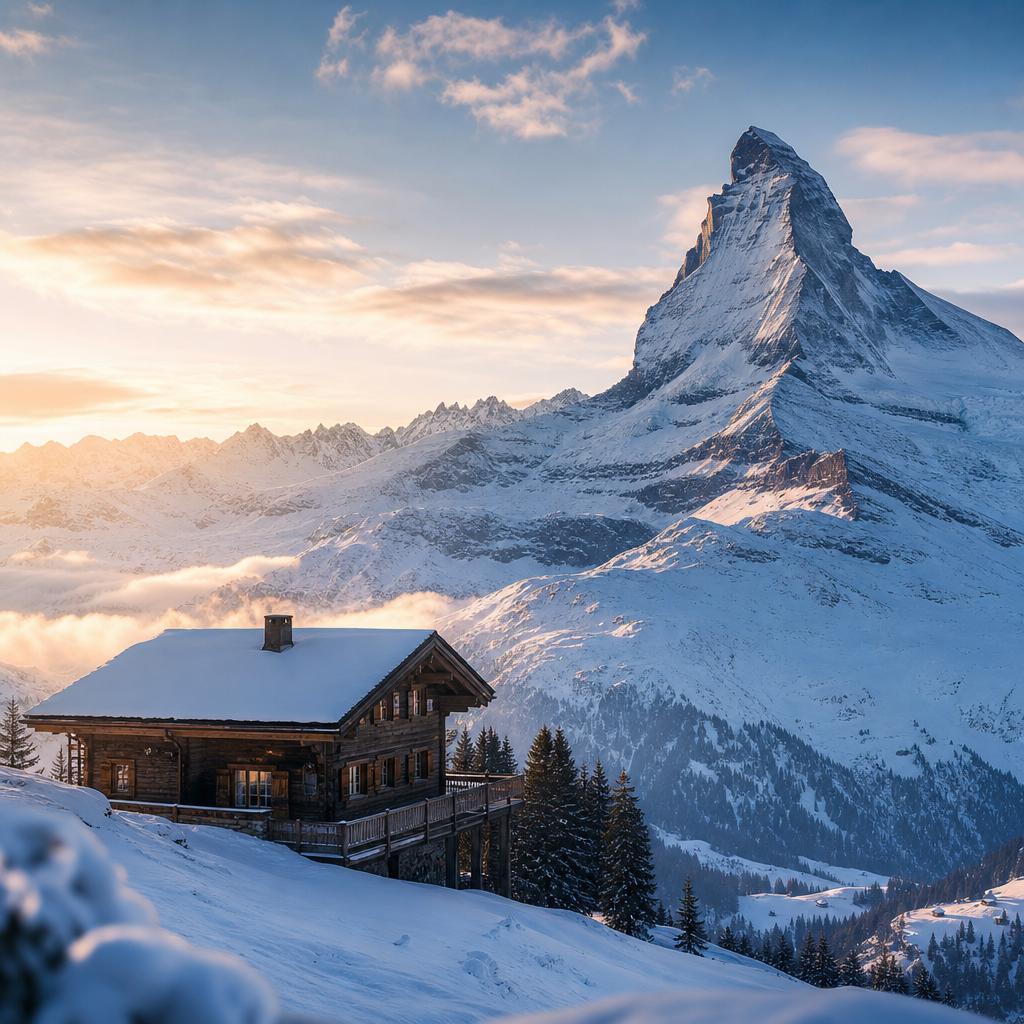 Snow-capped Swiss Alps peaks with a quiet mountain chalet in the foreground at sunrise