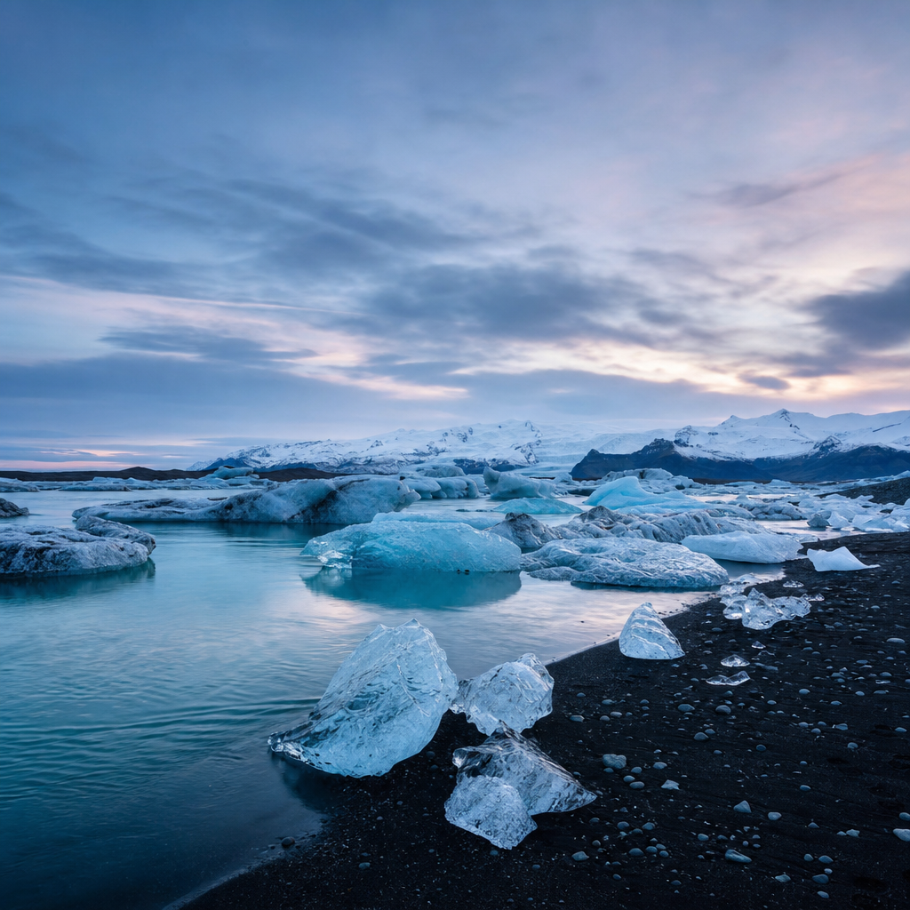 Turquoise glacier lagoon in Iceland with floating icebergs under soft twilight sky