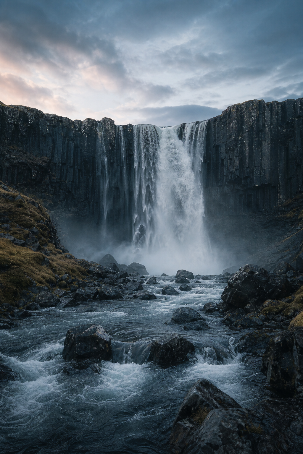 Dramatic Icelandic waterfall cascading over black volcanic rock under soft twilight sky