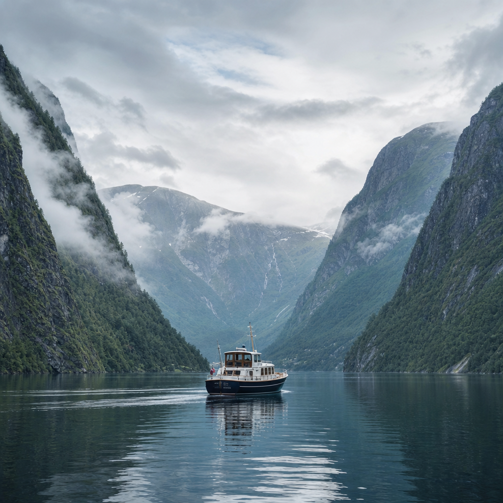 Small boutique boat gliding through a misty Norwegian fjord surrounded by steep green cliffs