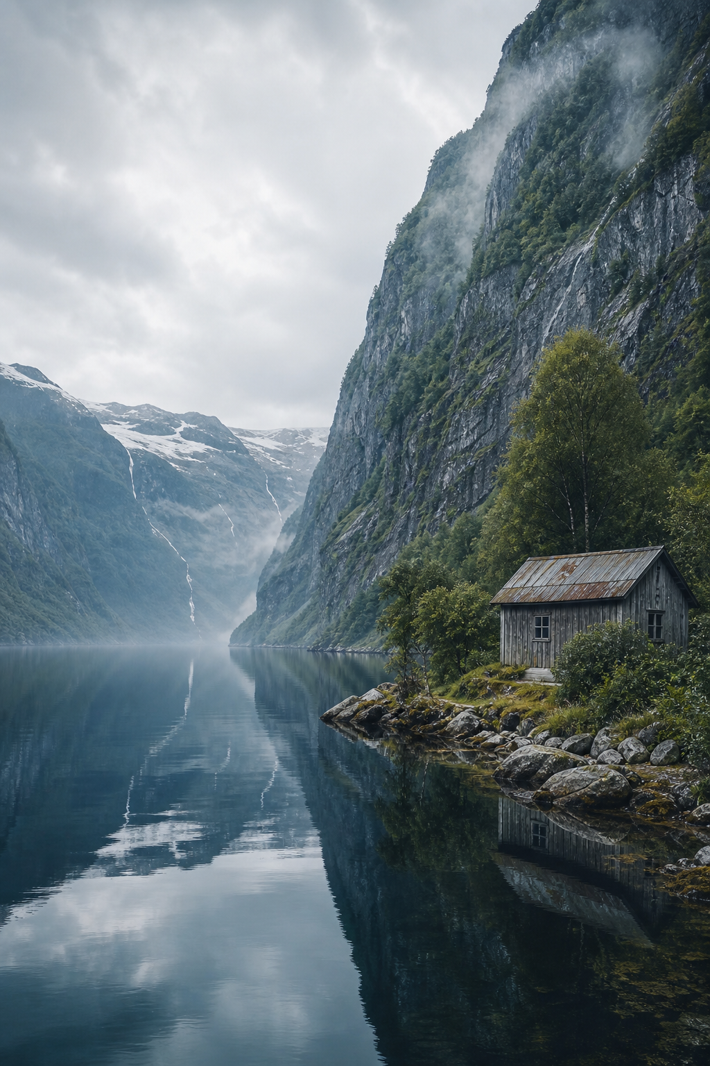 Serene Norwegian fjord surrounded by steep green cliffs with a small wooden cabin at the water's edge