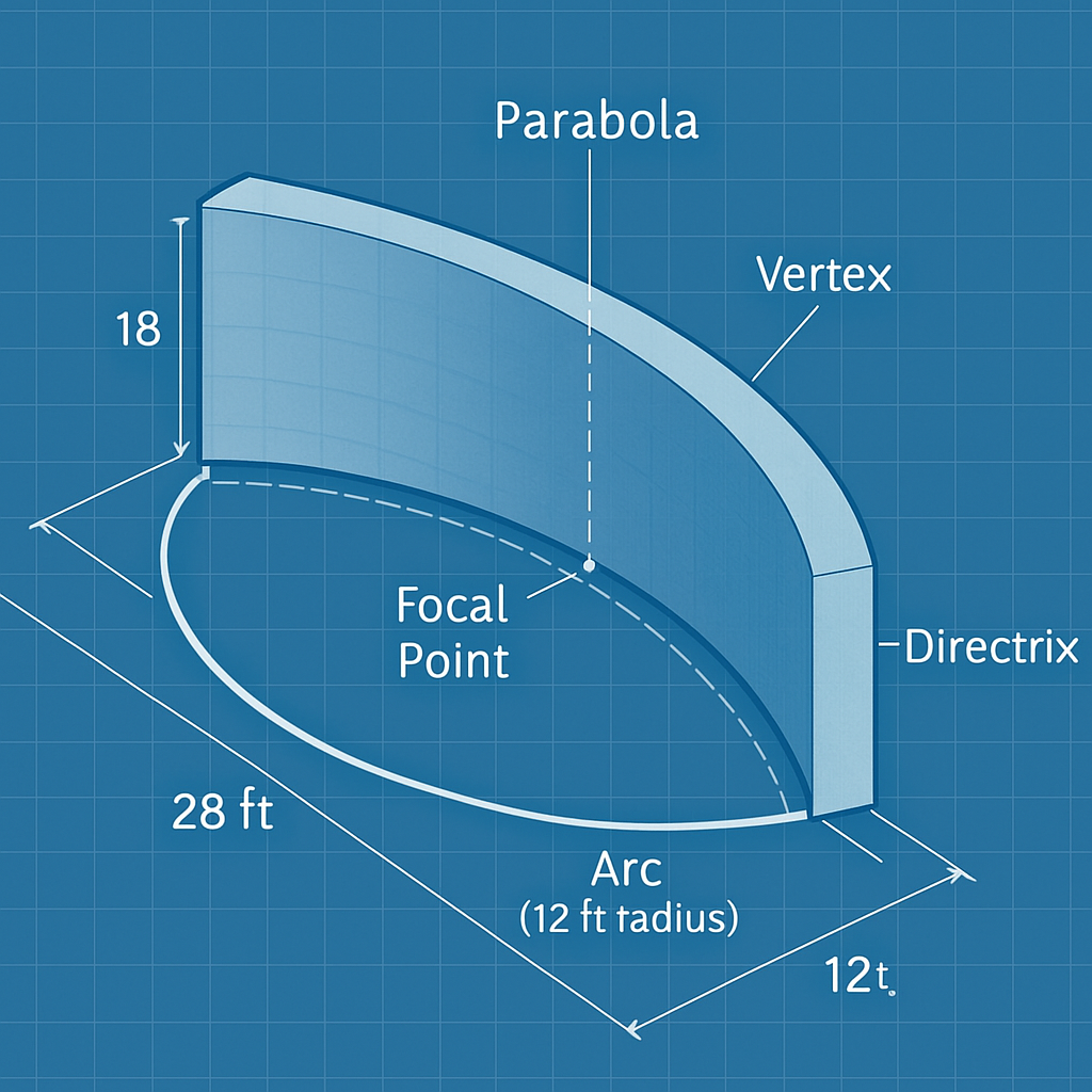 Modern blueprint-style 3D illustration of a mathematically precise parabola with an 18-inch-thick curved wall. The parabola is 28 ft wide at its base and 12 ft tall. Along the base, a bold arc with a 12 ft radius is drawn, clearly visible and distinguished from the parabola, representing the base arc. All geometric constructs are labeled in a modern, educational font: 'Parabola', 'Arc (12 ft radius)', 'Directrix', 'Vertex', and 'Focal Point'. 3D wall thickness and structure are shown with subtle shading and perspective. Measurement lines for base width, wall thickness, and radius are present. The overall style is blueprint-inspired, with a clean, high-contrast look for maximum educational clarity.
