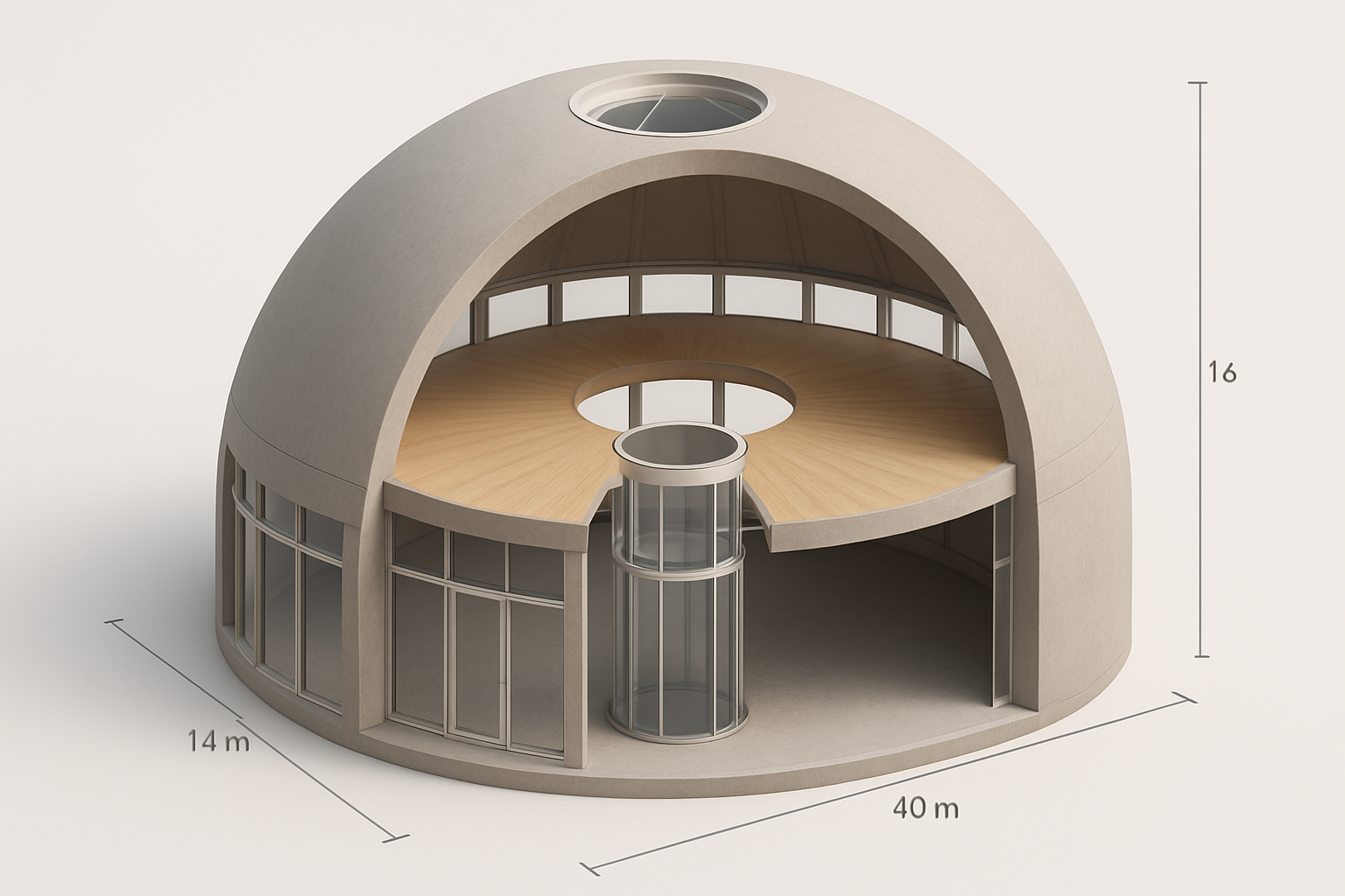 Mathematically accurate 3D rendering of a parabolic Paradome structure with a 40-foot diameter base, 24-foot total height, 18-inch thick walls, 8-foot diameter skylight, glass windows, and a 6-foot wide door. The design shows the floor deck positioned 12 feet above the base as a radial deck with a central 8-foot diameter opening, and a centered glass elevator extending from base through the deck. No text, labels, or callouts are present—only the visual structure and features.