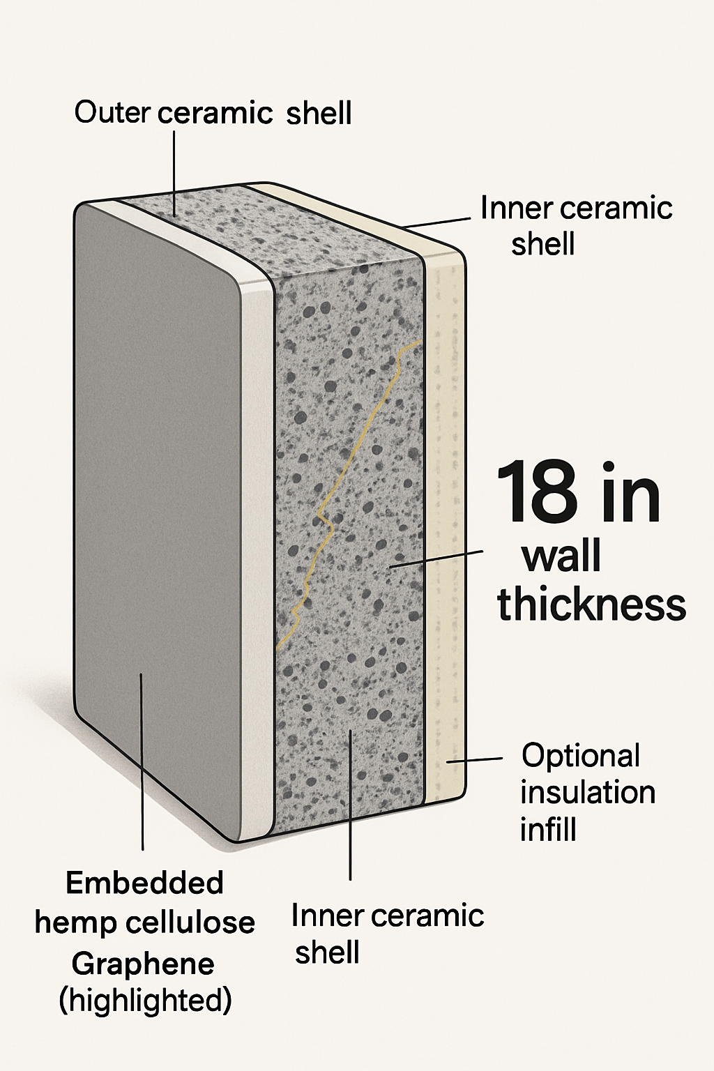 Paradome advanced wall system cross-section, showing a dual-shell ceramic composite wall with a full 18 inch thickness clearly depicted. Includes embedded hemp cellulose and graphene highlights, with detailed layers and insulation options visualized. The thick wall structure is prominent, communicating strength, fire resistance, eco-friendliness, and disaster resilience.