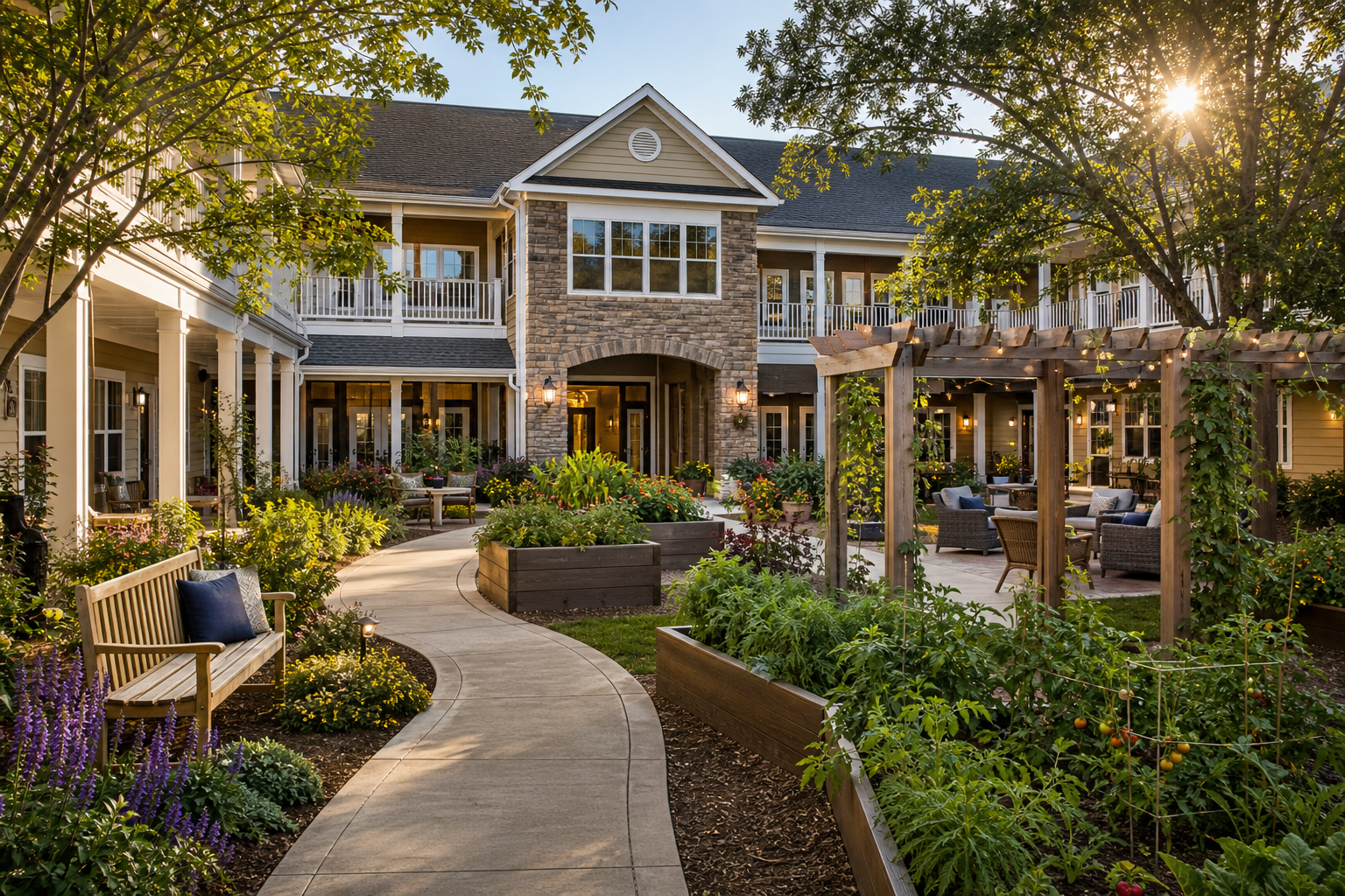 Planned courtyard-style supportive living residence with walking paths, seating areas, gardens, and a warm upscale welcoming atmosphere