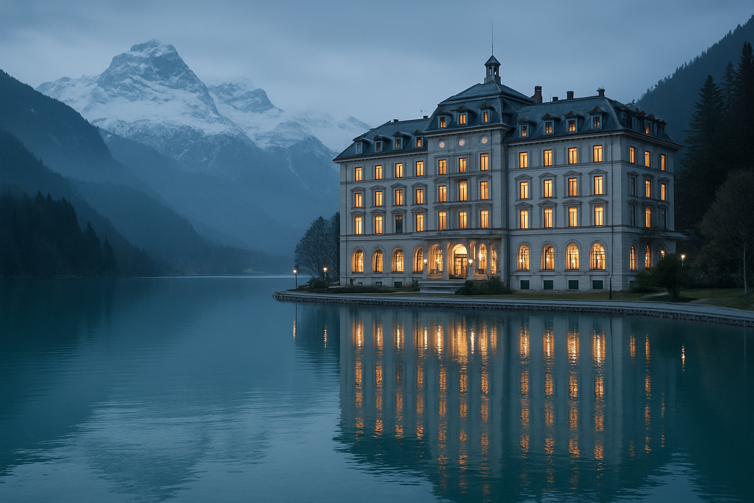 Historic grand hotel above a glassy alpine lake with snowy peaks at dusk