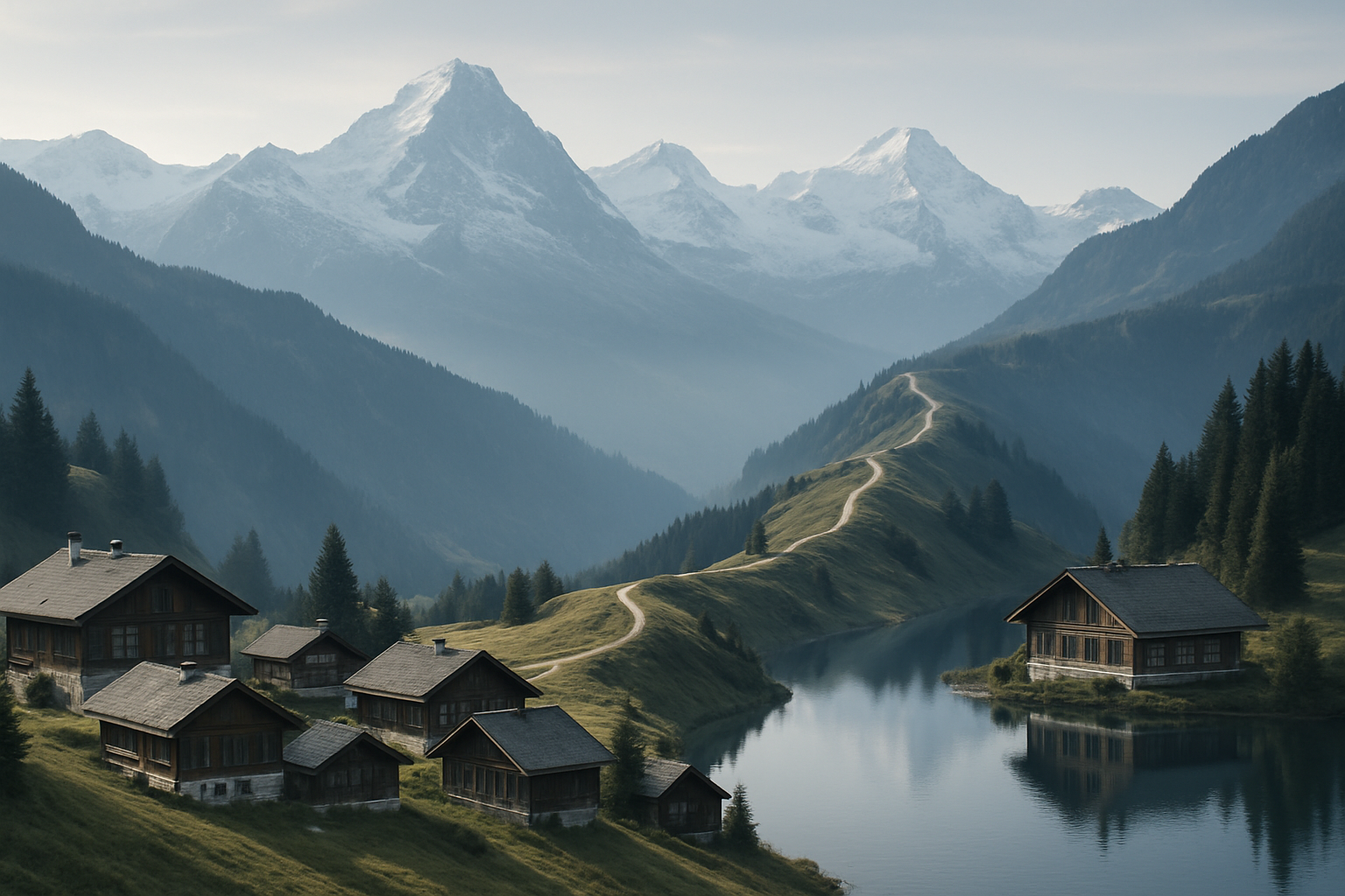 European Alps alpine village, panoramic ridge hike, and serene lakeside lodge