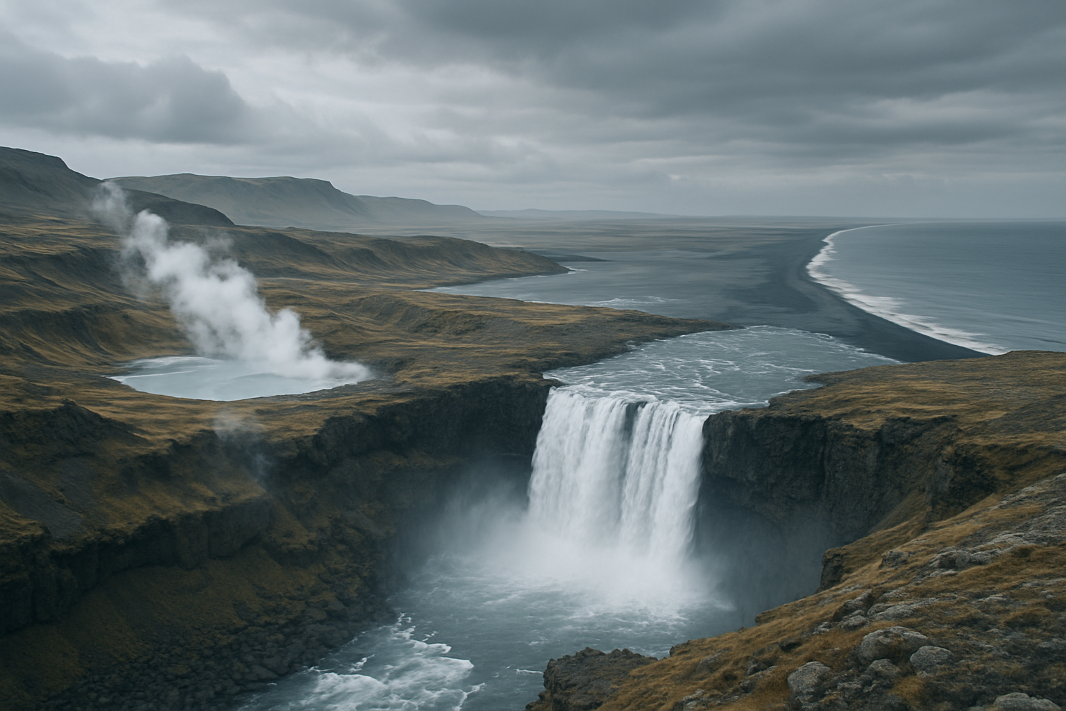 Iceland waterfalls, geothermal lagoon steam, and black-sand coast under moody sky