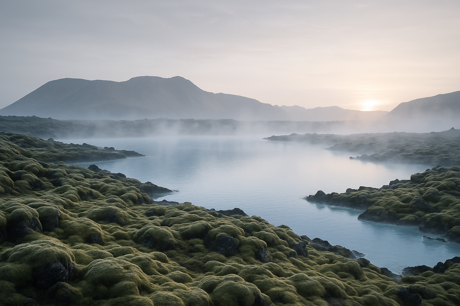 Moss-covered lava fields and a calm geothermal lagoon at soft sunrise in Iceland
