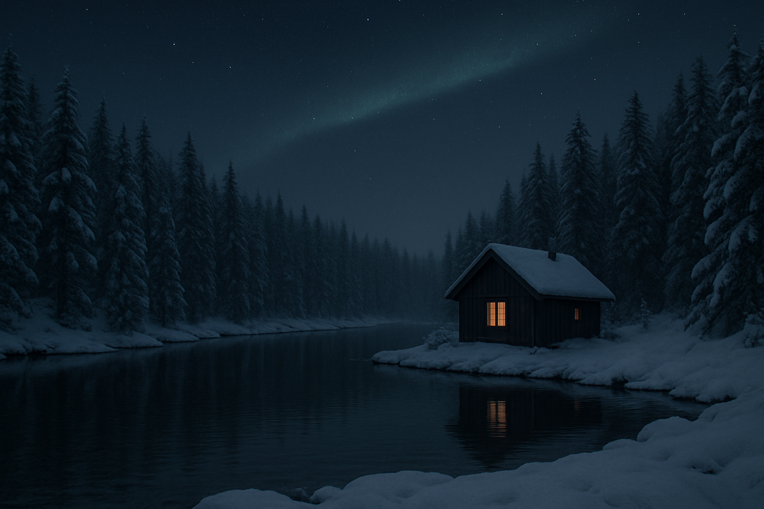 Remote Nordic cabin under soft aurora tones beside a snowy forest and still water