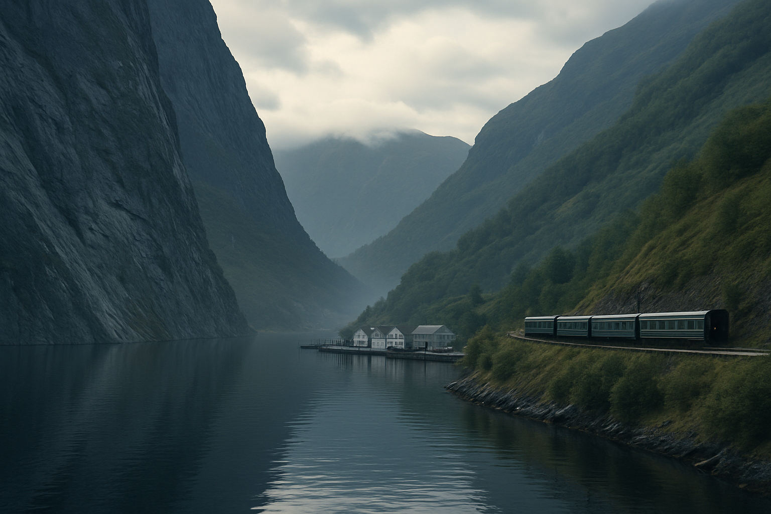 Norway fjord cliffs with scenic rail line and quiet harbor town at blue hour