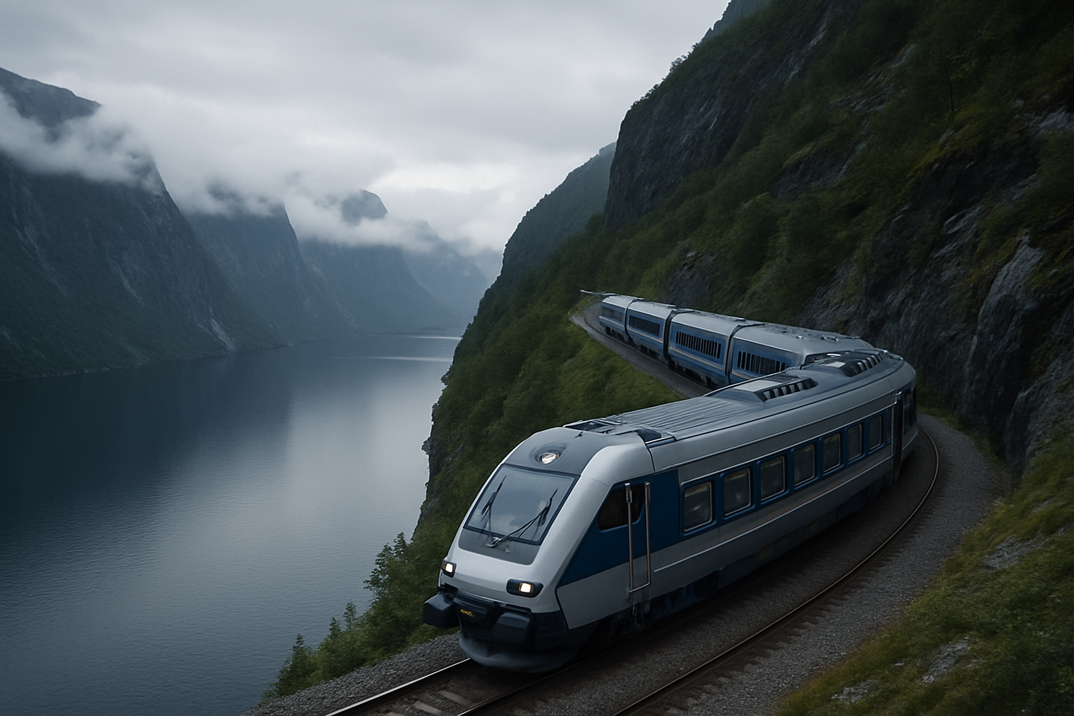 Elegant train curving above a deep blue fjord in Norway with mountain mist