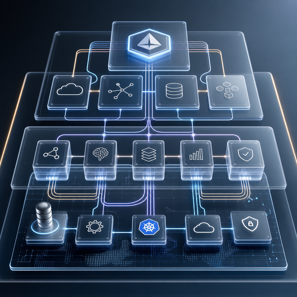 Abstract technical visualization showing layered system nodes, data streams, and infrastructure topology in a sleek modern style.