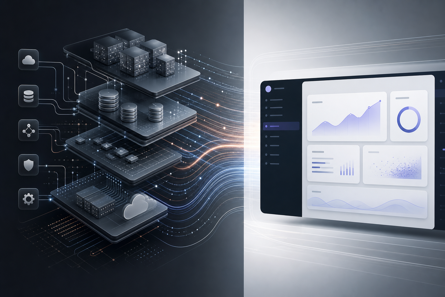 Premium split visual showing abstract infrastructure, data pipelines, and AI systems on the left flowing into a clean customer-facing digital interface on the right, in cool neutral tones with subtle brand-accent highlights