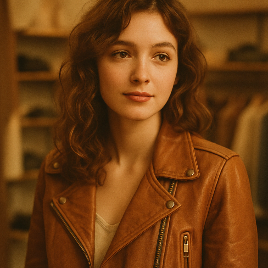 Amelia wearing a caramel leather jacket
